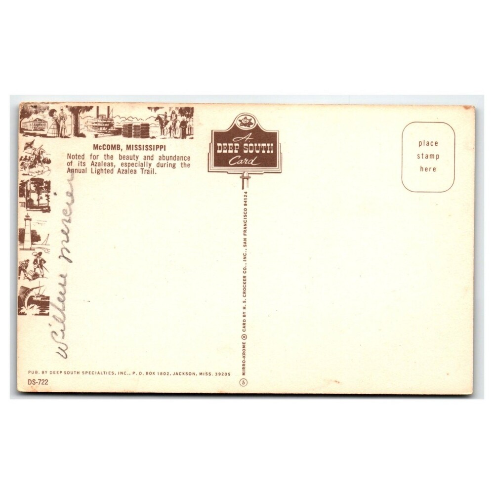 Vintage McComb Mississippi Azalea Trail Mirro-Krome Postcard DS-722 - Picture 2 of 2